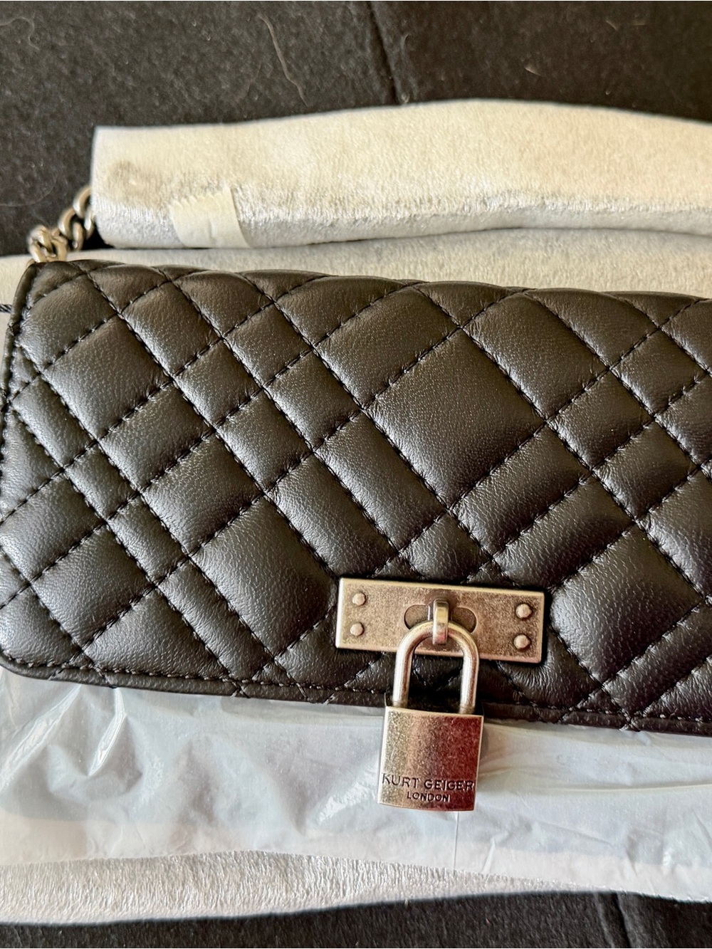 Kurt Geiger Black Quilted Leather Crossbody with Silver Padlock